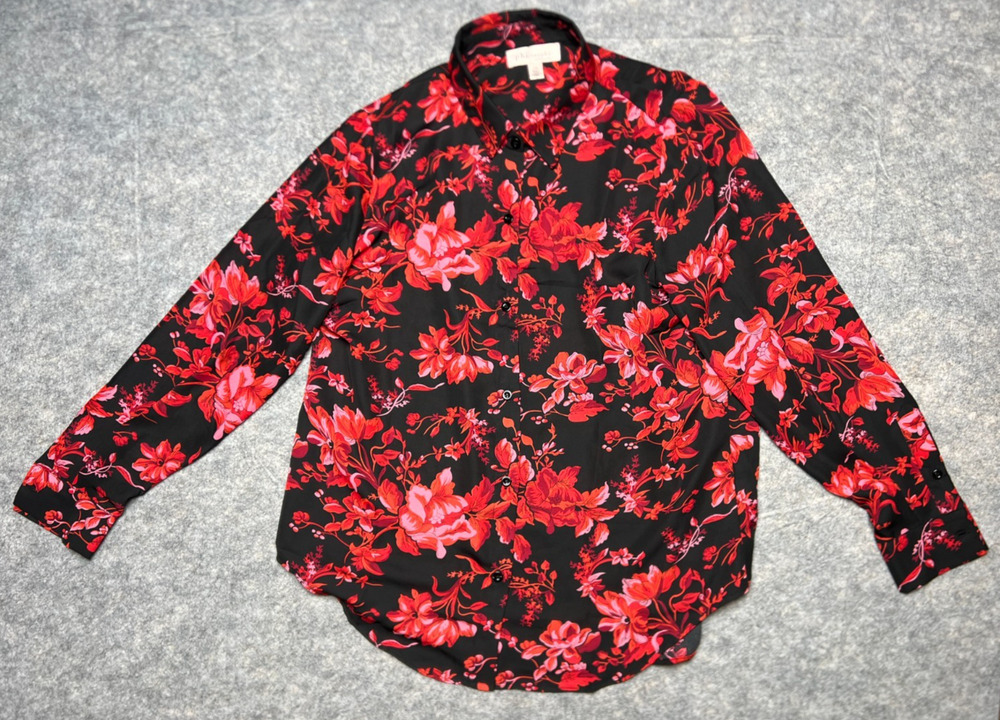 Philosophy Floral Blouse Women LG Black Red High Low Button Up Oversized Tunic